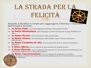 
Secondo il Buddha la strada per raggiungere il Nirvana è costituita
dall’ottuplice sentiero.
 la Retta Fede, cioè l’incondizionata adesione alle quattro Verità;
 la Retta Risoluzione, cioè l’impegno a tenere lontano da sé ogni desiderio ed
odio;
 la Retta Parola, cioè l’astensione dalle parole false;
 la Retta Azione, cioè l’astensione dall’uccidere esseri viventi, dal furto e
dall’adulterio;
 la Retta Condotta di vita, cioè la pratica di tutte le norme del parlare e
dell’agire ;
 il Retto Sforzo, cioè la volontà di incrementare le qualità buone;
 il Retto Ricordo, cioè la capacità di mantenere la mente priva di confusione, non
influenzata dalla brama e dall'attaccamento;
 la Retta Concentrazione, cioè la capacità di mantenere il corretto
atteggiamento interiore che porta alla corretta padronanza di sé stessi durante la pratica
della meditazione.
La strada per la
felicità
 