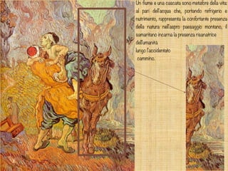 Un fiume e una cascata sono metafore della vita:
al pari dell'acqua che, portando refrigerio e
nutrimento, rappresenta la confortante presenza
della natura nell'aspro paesaggio montano, il
samaritano incarna la presenza risanatrice
dell'umanità
lungo l'accidentato
cammino.
 