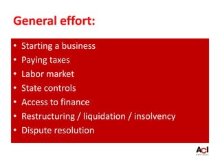 General effort:
• Starting a business
• Paying taxes
• Labor market
• State controls
• Access to finance
• Restructuring / liquidation / insolvency
• Dispute resolution
 