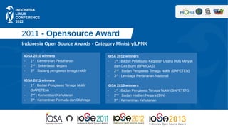 2011 - Opensource Award
IOSA 2010 winners
- 1st : Kementrian Pertahanan
- 2nd : Sekertariat Negara
- 3rd : Badang pengawas...