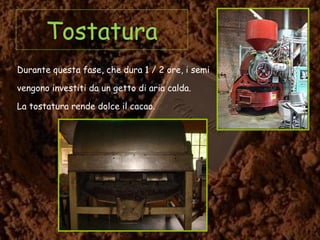 Tostatura
Durante questa fase, che dura 1 / 2 ore, i semi
vengono investiti da un getto di aria calda.
La tostatura rende dolce il cacao.
 