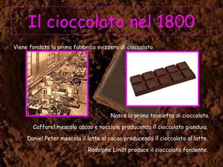 Il cioccolato nel 1800
Viene fondata la prima fabbrica svizzera di cioccolato.
Nasce la prima tavoletta di cioccolata.
Caffarel mescola cacao e nocciole producendo il cioccolato gianduia.
Daniel Peter mescola il latte al cacao producendo il cioccolato al latte.
Rodolphe Lindt produce il cioccolato fondente.
 