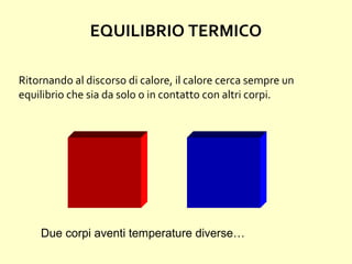 EQUILIBRIO TERMICO
Due corpi aventi temperature diverse…
Ritornando al discorso di calore, il calore cerca sempre un
equilibrio che sia da solo o in contatto con altri corpi.
 