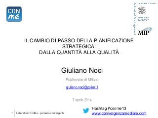 Laboratorio ConMe - pensiero convergente
IL CAMBIO DI PASSO DELLA PIANIFICAZIONE
STRATEGICA:
DALLA QUANTITÀ ALLA QUALITÀ
1
Giuliano Noci
Politecnico di Milano
giuliano.noci@polimi.it
7 aprile 2014
Hashtag #conme13
www.convergenzamediale.com
 