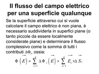 Il flusso del campo elettrico 
per una superficie qualunque 
Se la superficie attraverso cui si vuole 
calcolare il campo elettrico è non piana, è 
necessario suddividerla in superfici piane (o 
tanto piccole da essere localmente 
considerate piane) e determinare il flusso 
complessivo come la somma di tutti i 
contributi ΔΦi, ossia: 
 å n  å n 
  
F = D F = ´D ( ) ( ) 
E E E S 
i i i 
i i 
= = 
1 1 
 