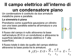 Il campo elettrico all’interno di 
un condensatore piano 
Un condensatore è costituito da due armature 
metalliche piane e parallele. 
La simmetria è piana 
Prendiamo come superficie gaussiana un cilindro 
con una base parallela esterna all’armatura e una 
base interna. 
Il flusso del campo è nullo attraverso la base 
nell’armatura (E=0 in un conduttore) e attraverso la 
superficie laterale (il campo elettrico è ┴ alla 
superficie). 
Il flusso totale è dato da quello del campo elettrico 
attraverso la base posta tra le armature. 
S E 
E E S Q s S E s 
F = ´ = = Þ = 
0 0 0 
( ) S 
e e e 
 