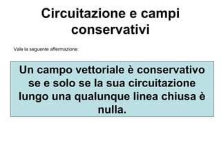 Circuitazione e campi 
conservativi 
Vale la seguente affermazione: 
Un campo vettoriale è conservativo 
se e solo se la sua circuitazione 
lungo una qualunque linea chiusa è 
nulla. 
