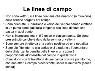 Le linee di campo 
• Non sono vettori, ma linee continue che nascono (o muoiono) 
nelle cariche sorgenti del campo 
• Sono orientate  direzione e verso del vettore campo elettrico 
in un punto sono dati dalla tangente alla linea di forza che 
passa in quel punto 
 
• Non si incrociano mai ( E 
è unico in ciascun punto. Se sono 
presenti più cariche è dato dalla somma di vettori) 
• Sono sempre dirette da una carica positiva ad una negativa 
• Sono più fitte intorno alla carica e si diradano all'aumentare 
della distanza: la densità delle linee in una zona è 
proporzionale all'intensità del campo in quella zona 
• Coincidono con la traiettoria di una carica positiva puntiforme, 
che non alteri il campo preesistente, libera di muoversi (carica 
sonda) 
 