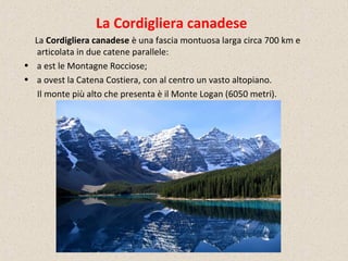 La Cordigliera canadese
La Cordigliera canadese è una fascia montuosa larga circa 700 km e
articolata in due catene parallele:
• a est le Montagne Rocciose;
• a ovest la Catena Costiera, con al centro un vasto altopiano.
Il monte più alto che presenta è il Monte Logan (6050 metri).
 