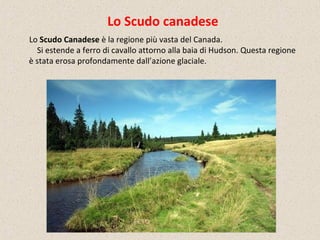 Lo Scudo canadese
Lo Scudo Canadese è la regione più vasta del Canada.
Si estende a ferro di cavallo attorno alla baia di Hudson. Questa regione
è stata erosa profondamente dall’azione glaciale.
 