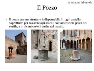 Il Pozzo
• Il pozzo era una struttura indispensabile in ogni castello,
soprattutto per resistere agli assedi; solitamente era posta nel
cortile, e in alcuni castelli anche nel mastio.
La struttura del castello
 