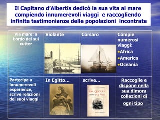 Il Capitano d’Albertis dedicò la sua vita al mare   compiendo innumerevoli viaggi  e raccogliendo  infinite testimonianze delle popolazioni  incontrate Raccoglie e dispone nella sua dimora collezioni di ogni tipo   scrive… In Egitto… Partecipa a innumerevoli esperienze, scrive relazioni dei suoi viaggi Compie numerosi viaggi: Africa America Oceania Corsaro Violante Via mare: a bordo dei sui cutter 