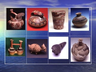 Civiltá Chimú Vaso-bottiglia decorato con pannocchie di mais a rilievo Terracotta a stampo, Corredo funerario C.A. 855 Civiltà Inca Figurina a forma di armadillo  XV-XVI sec. d.C. Corredo funerario   Civiltà Chancay Figurina raffigurante un lama XI-XVI d. C. Corredo funerario Civiltà   Lima  Vaso a due camere con ansa a ponte 500-600 d.C. Civiltà Ica Vaso ovoidale 1350 – 1450 d.C. Terracotta dipinta, Corredo funerario Civiltà Tiawanaku   Bicchiere cefalomorfo  0 – 125 d.C Terracotta dipinta, Corredo funerario Civiltà Nasca Vaso lenticolare con ansa a ponte   125 (?) – 400 (?) d.C. Terracotta dipinta, Corredo funerario Civiltà Moche Terracotta dipinta, Corredo funerario  IV secolo 