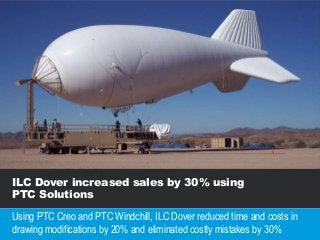 ILC Dover increased sales by 30% using
PTC Solutions
Using PTC Creo and PTC Windchill, ILC Dover reduced time and costs in
drawing modifications by 20% and eliminated costly mistakes by 30%
 