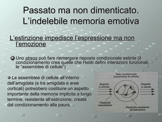 Passato ma non dimenticato.
L’indelebile memoria emotiva
L’estinzione impedisce l’espressione ma non
l’emozione
Uno stress può fare riemergere risposte condizionate estinte (il
condizionamento crea quelle che Hebb definì interazioni funzionali,
le “assemblee di cellule”)
Le assemblee di cellule all’interno
dell’amigdala (e tra amigdala e aree
corticali) potrebbero costituire un aspetto
importante della memoria implicita a lungo
termine, resistente all’estinzione, creata
dal condizionamento alla paura.

 