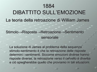 1884
DIBATTITO SULL’EMOZIONE
La teoria della retroazione di William James
Stimolo→Risposta→Retroazione→Sentimento
sensoriale
La soluzione di James al problema della sequenza
stimolo-sentimento è che la retroazione delle risposte
determini i sentimenti. Siccome emozioni diverse hanno
risposte diverse, la retroazione verso il cervello è diversa
e ciò spiegherebbe quello che proviamo in tali situazioni.

 