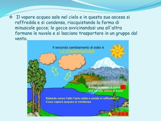  Il vapore acqueo sale nel cielo e in questa sua ascesa si
raffredda e si condensa, riacquistando la forma di
minuscole gocce; le gocce avvicinandosi una all'altra
formano le nuvole e si lasciano trasportare in un gruppo dal
vento.
 