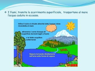  I fiumi, tramite lo scorrimento superficiale, trasportano al mare
l’acqua caduta in eccesso.
 