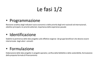 Le fasi 1/2
• Programmazione
Revisione analitica degli indicatori socio economici e delle priorità degli enti nazionali ed internazionali,
obiettivi principali e le priorità settoriali, importanza delle esperienze passate
• Identificazione
Stabilire la pertinenza delle idee progetto sulle effettive esigenze dei gruppi beneficiari che devono essere
interiorizzate dagli attori coinvolti
• Formulazione
Elaborazione delle idee progetto in progetti operativi, verifica della fattibilità e della sostenibilità, formulazione
della proposta formale di finanziamento
 