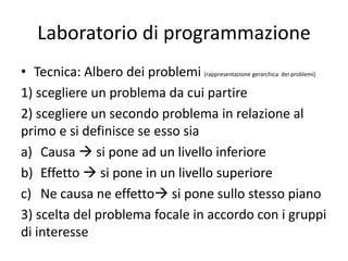 Laboratorio di programmazione
• Tecnica: Albero dei problemi (rappresentazione gerarchica dei problemi)
1) scegliere un problema da cui partire
2) scegliere un secondo problema in relazione al
primo e si definisce se esso sia
a) Causa  si pone ad un livello inferiore
b) Effetto  si pone in un livello superiore
c) Ne causa ne effetto si pone sullo stesso piano
3) scelta del problema focale in accordo con i gruppi
di interesse
 
