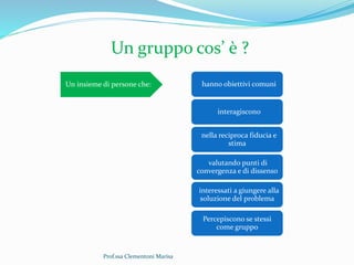 Prof.ssa Clementoni Marisa
Un insieme di persone che: hanno obiettivi comuni
interagiscono
nella reciproca fiducia e
stima
valutando punti di
convergenza e di dissenso
interessati a giungere alla
soluzione del problema
Percepiscono se stessi
come gruppo
Un gruppo cos’ è ?
 