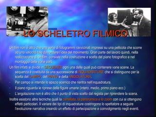 LO SCHELETRO FILMICOLO SCHELETRO FILMICO
Un film non è altro che una serie di fotogrammi ravvicinati impressi su una pellicola che scorreUn film non è altro che una serie di fotogrammi ravvicinati impressi su una pellicola che scorre
ad una velocità tale da rendere l’idea del movimento. Gran parte del lavoro quindi, nellaad una velocità tale da rendere l’idea del movimento. Gran parte del lavoro quindi, nella
realizzazione di un film, consiste nella costruzione e scelta del piano fotografico e nelrealizzazione di un film, consiste nella costruzione e scelta del piano fotografico e nel
montaggio delle varie parti.montaggio delle varie parti.
Un film infatti si divide inUn film infatti si divide in SEQUENZESEQUENZE ogni una delle quali può contenere varie scene. Laogni una delle quali può contenere varie scene. La
sequenza è costituita da una successione disequenza è costituita da una successione di INQUADRATUREINQUADRATURE che si distinguono per lache si distinguono per la
scelta delscelta del CAMPOCAMPO, del, del PIANOPIANO e dellae della ANGOLATURAANGOLATURA..
- Per campo si intende lo spazio scenico che rientra nell’inquadratura.Per campo si intende lo spazio scenico che rientra nell’inquadratura.
- Il piano riguarda le riprese delle figure umane (intero, medio, primo piano ecc.)Il piano riguarda le riprese delle figure umane (intero, medio, primo piano ecc.)
- L’angolazione non è altro che il punto di vista scelto dal regista per riprendere la scena.L’angolazione non è altro che il punto di vista scelto dal regista per riprendere la scena.
Inoltre esistono altre tecniche quali laInoltre esistono altre tecniche quali la carrellata, la panoramica e lo zoomcarrellata, la panoramica e lo zoom con cui si ottengonocon cui si ottengono
effetti particolari. Il variare dei tipi di inquadrature costringono lo spettatore a seguireeffetti particolari. Il variare dei tipi di inquadrature costringono lo spettatore a seguire
l’evoluzione narrativa creando un effetto di partecipazione e coinvolgimento negli eventi.l’evoluzione narrativa creando un effetto di partecipazione e coinvolgimento negli eventi.
 