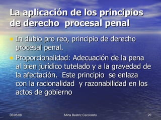 La aplicación de los principios de derecho  procesal penal In dubio pro reo, principio de derecho procesal penal.  Proporcionalidad: Adecuación de la pena  al bien jurídico tutelado y a la gravedad de la afectación.  Este principio  se enlaza con la racionalidad  y razonabilidad en los actos de gobierno 