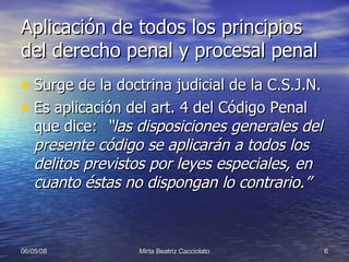 Aplicación de todos los principios del derecho penal y procesal penal Surge de la doctrina judicial de la C.S.J.N. Es aplicación del art. 4 del Código Penal que dice:   “las disposiciones generales del presente código se aplicarán a todos los delitos previstos por leyes especiales, en cuanto éstas no dispongan lo contrario.”   