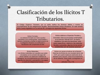 Clasificación de los Ilícitos T
Tributarios.
El Código Orgánico Tributario, por su parte, tipifica los diversos delitos o modos de
incumplimiento de las obligaciones fiscales, denominándolas ilícitos tributarios. En este sentido
dicho cuerpo legislativo en su artículo 80, consagra los siguientes ilícitos:
Ilícitos Formales:
Los deberes formales son todos aquellos
impuestos a los contribuyentes, responsables o
terceros, tendientes a facilitar la determinación de
la obligación tributaria o la verificación o
fiscalización del cumplimiento de ella
Ilícitos relativos a Especies Fiscales y
Gravadas: Este se encuentra contemplado
en el artículo 108 del COT, el mismo,
establece una serie de sanciones, para
casos específicos, relativos a las especies
fiscales y gravadas, algunas de las penas
establecidas son de carácter personal
Ilícitos Materiales:
Los ilícitos materiales son aquellos que están
vinculados con la omisión del pago del
tributo debido a la obtención indebida de
reintegros, los incumplimientos por parte de los
agentes de retención o percepción y los pagos
a cuenta de obligaciones futuras.
Ilícitos con penas privativas de la libertad:
Este tipo de ilícitos es una novedad dentro del
COT, por cuanto implica la restricción de la
libertad como sanción, ante el incumplimiento
de los deberes. Estos están consagrados en
los
artículos 115 y 116.
 