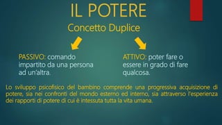 IL POTERE
Concetto Duplice
PASSIVO: comando
impartito da una persona
ad un’altra.
ATTIVO: poter fare o
essere in grado di fare
qualcosa.
Lo sviluppo psicofisico del bambino comprende una progressiva acquisizione di
potere, sia nei confronti del mondo esterno ed interno, sia attraverso l'esperienza
dei rapporti di potere di cui è intessuta tutta la vita umana.
 