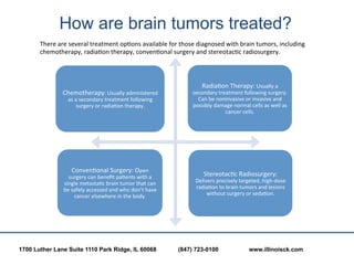 How are brain tumors treated?
       There	
  are	
  several	
  treatment	
  op?ons	
  available	
  for	
  those	
  diagno...
