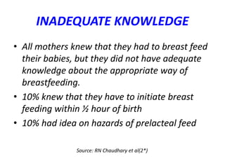 INADEQUATE KNOWLEDGE
• All mothers knew that they had to breast feed
their babies, but they did not have adequate
knowledge about the appropriate way of
breastfeeding.
• 10% knew that they have to initiate breast
feeding within ½ hour of birth
• 10% had idea on hazards of prelacteal feed
Source: RN Chaudhary et al(2*)
 