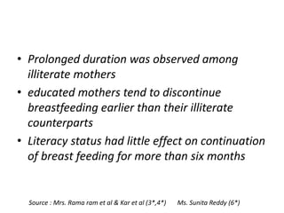 • Prolonged duration was observed among
illiterate mothers
• educated mothers tend to discontinue
breastfeeding earlier than their illiterate
counterparts
• Literacy status had little effect on continuation
of breast feeding for more than six months
Source : Mrs. Rama ram et al & Kar et al (3*,4*) Ms. Sunita Reddy (6*)
 
