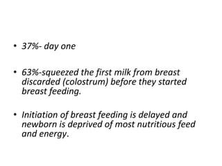 • 37%- day one
• 63%-squeezed the first milk from breast
discarded (colostrum) before they started
breast feeding.
• Initiation of breast feeding is delayed and
newborn is deprived of most nutritious feed
and energy.
 