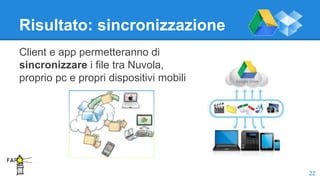 Risultato: sincronizzazione
Client e app permetteranno di
sincronizzare i file tra Nuvola,
proprio pc e propri dispositivi mobili
22
 