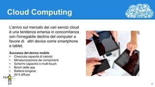 Cloud Computing
4
L'arrivo sul mercato dei vari servizi cloud
è una tendenza emersa in concomitanza
con l'innegabile declino del computer a
favore di altri device come smartphone
e tablet.
Successo del device mobile
• Cresciuta capacità di calcolo
• Miniaturizzazione dei componenti
• Schermi capacitivi e multi-touch
• Boom delle app
• Batterie longeve
• Wi fi diffusa
 