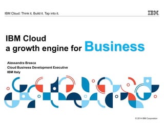 © 2014 IBM Corporation
IBM Cloud: Think it. Build it. Tap into it.
Alessandra Brasca
Cloud Business Development Executive
IBM Italy
Business
IBM Cloud
a growth engine for
 