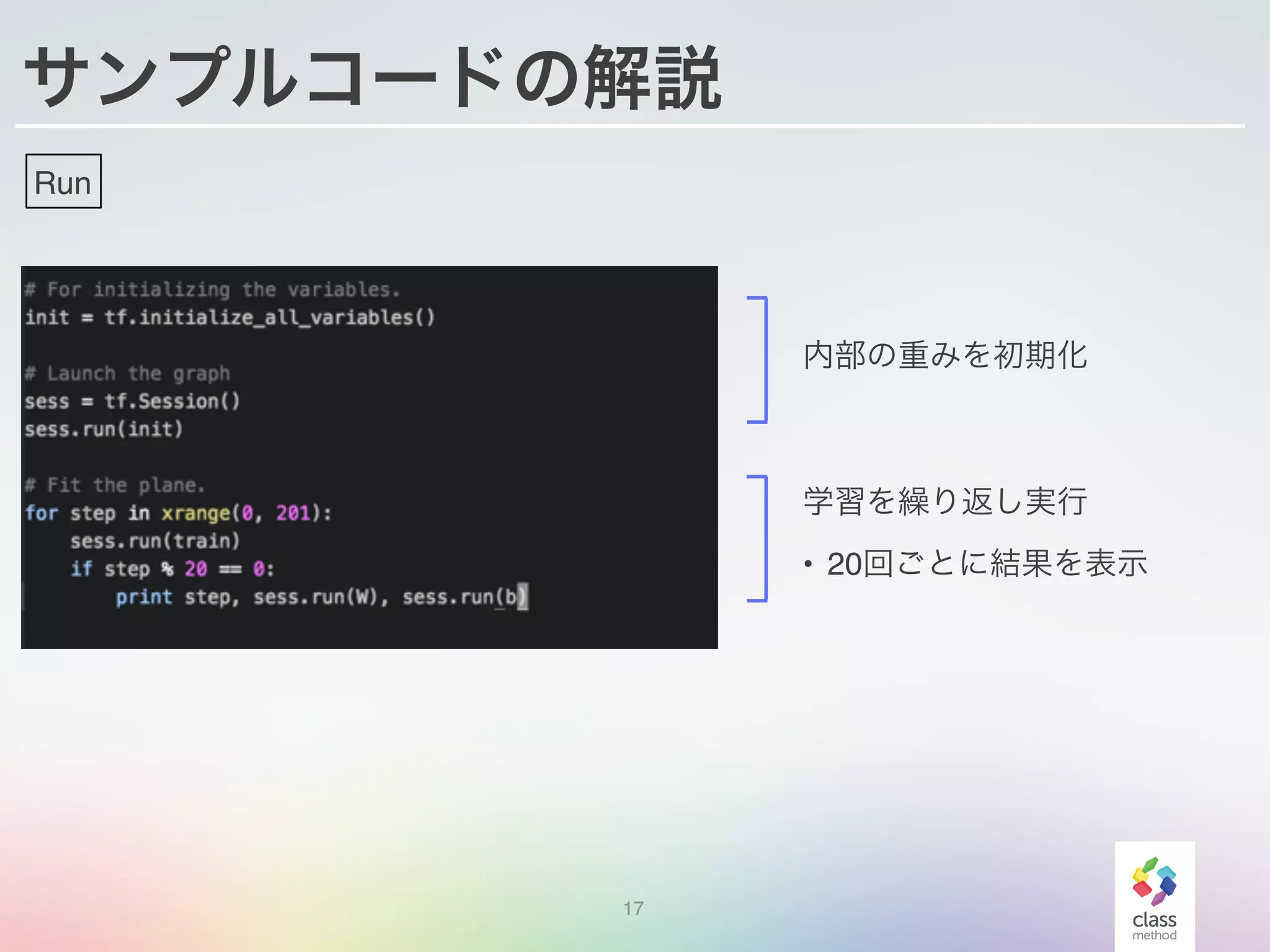 サンプルコードの解説
17
Run
内部の重みを初期化
学習を繰り返し実行
• 20回ごとに結果を表示
 