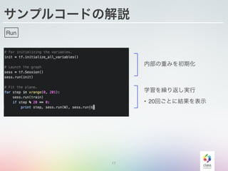 サンプルコードの解説
17
Run
内部の重みを初期化
学習を繰り返し実行
• 20回ごとに結果を表示
 