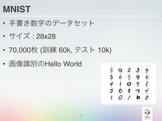 MNIST
• 手書き数字のデータセット
• サイズ : 28x28
• 70,000枚 (訓練 60k, テスト 10k)
• 画像識別のHello World
24
 