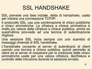 25
SSL HANDSHAKE
SSL prevede una fase iniziale, detta di handshake, usata
per iniziare una connessione TCP/IP.
Il protocollo SSL usa una combinazione di chiavi pubbliche
e chiavi simmetriche. La cifratura a chiave simmetrica è
molto più veloce della cifratura a chiave pubblica, anche se
quest'ultima provvede ad una tecnica di autenticazione
migliore.
Una sessione SSL inizia sempre con uno scambio di
messaggi chiamati di SSL handshake.
L'handshake consente al server di autenticarsi al client
usando una tecnica a chiave pubblica, quindi permette al
client ed al server di cooperare per la creazione delle chiavi
simmetriche usate per una veloce cifratura, decifratura e
controllo delle intrusione durante la sessione avviata.
 