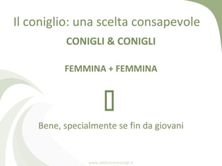 Il coniglio: una scelta consapevole
          CONIGLI & CONIGLI

          FEMMINA + FEMMINA


                        
 ...