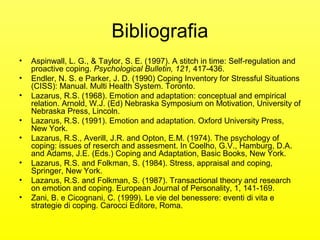 Bibliografia 
• Aspinwall, L. G., & Taylor, S. E. (1997). A stitch in time: Self-regulation and 
proactive coping. Psychological Bulletin, 121, 417-436. 
• Endler, N. S. e Parker, J. D. (1990) Coping Inventory for Stressful Situations 
(CISS): Manual. Multi Health System. Toronto. 
• Lazarus, R.S. (1968). Emotion and adaptation: conceptual and empirical 
relation. Arnold, W.J. (Ed) Nebraska Symposium on Motivation, University of 
Nebraska Press, Lincoln. 
• Lazarus, R.S. (1991). Emotion and adaptation. Oxford University Press, 
New York. 
• Lazarus, R.S., Averill, J.R. and Opton, E.M. (1974). The psychology of 
coping: issues of reserch and assesment. In Coelho, G.V., Hamburg, D.A. 
and Adams, J.E. (Eds.) Coping and Adaptation, Basic Books, New York. 
• Lazarus, R.S. and Folkman, S. (1984). Stress, appraisal and coping, 
Springer, New York. 
• Lazarus, R.S. and Folkman, S. (1987). Transactional theory and research 
on emotion and coping. European Journal of Personality, 1, 141-169. 
• Zani, B. e Cicognani, C. (1999). Le vie del benessere: eventi di vita e 
strategie di coping. Carocci Editore, Roma. 
