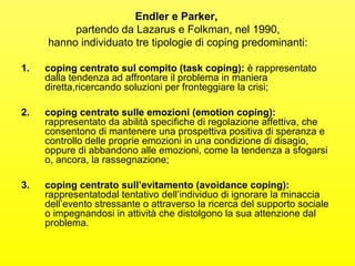Endler e Parker, 
partendo da Lazarus e Folkman, nel 1990, 
hanno individuato tre tipologie di coping predominanti: 
1. coping centrato sul compito (task coping): è rappresentato 
dalla tendenza ad affrontare il problema in maniera 
diretta,ricercando soluzioni per fronteggiare la crisi; 
2. coping centrato sulle emozioni (emotion coping): 
rappresentato da abilità specifiche di regolazione affettiva, che 
consentono di mantenere una prospettiva positiva di speranza e 
controllo delle proprie emozioni in una condizione di disagio, 
oppure di abbandono alle emozioni, come la tendenza a sfogarsi 
o, ancora, la rassegnazione; 
3. coping centrato sull’evitamento (avoidance coping): 
rappresentatodal tentativo dell’individuo di ignorare la minaccia 
dell’evento stressante o attraverso la ricerca del supporto sociale 
o impegnandosi in attività che distolgono la sua attenzione dal 
problema. 
 