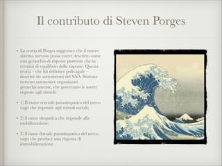 Il contributo di Steven Porges
• La teoria di Porges suggerisce che il nostro
sistema nervoso possa essere descritto come
una gerarchia di risposte piuttosto che in
termini di equilibrio delle risposte. Questa
teoria – che lui deﬁnisce polivagale –
descrive tre sottosistemi del SNA (Sistema
nervoso autonomo) organizzati
gerarchicamente, che governano le nostre
risposte agli stimoli:
• 1) Il ramo ventrale parasimpatico del nervo
vago che risponde agli stimoli sociali;
• 2) il ramo simpatico che risponde alla
mobilizzazione;
• 3) il ramo dorsale parasimpatico del nervo
vago che produce una risposta di
immobilizzazione.
 