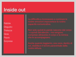 Rabbia
Disgusto
Tristezza
Gioia
Paura
Sorpresa
Inside out
La difficoltà a riconoscere e nominare le
nostre emozioni impoverisce la nostra
capacità comunicativa.
Non solo quindi le parole nascono dal corpo
- e quindi dal silenzio - ma vengono
comprese attraverso il corpo e la mimica
che le accompagnano.
Anche quando leggiamo, una voce, dentro di
noi, stabilisce il tenore paraverbale della
nostra lettura.
 