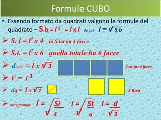 Formule CUBO
• Essendo formato da quadrati valgono le formule del
  quadrato – S.b = l 2 = l x l da cui l = √ S.b
 S. l = l2 x 4 la S.lat ha 4 facce
 S.t. = l2 x 6 quella totale ha 6 facce
 dcubo = l x √ 3                              Sup. lat 4 facce

V= l3
 dq = l x √ 2                                  2 Basi

 altre formule   l=       Sl   l = St l = d
                       √   4     √   6   √3
 