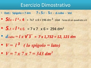 Esercizio Dimostrativo
• Dati : Spigolo = 7 dm    ? = S.l - S.t   - d.cubo - Vol

• Slat = l 2 x 4   = 7x7 x 4 = 196 dm 2 cioè l’area di un quadrato x 4


•   S.t = l 2 x 6 = 7 x 7 x 6 = 294 dm2
•   dcubo = l x √ 3 = 7 x 1,732 = 12, 121 dm
•   V = l 3 ( lo spigolo = lato)
•   V = 7 x 7 x 7 = 343 dm3
 