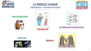 LE PAROLE CHIAVE
(Maria Ranieri – Università d di Firenze)
22
PARTECIPAZIONE
CREDIBILITA’
IDENTITA’
PRIVACY
AUTORIALITA’/CREATIVITA’
 