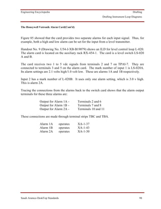 Engineering Encyclopedia                                                              Drafting
                                                             Drafting Instrument Loop Diagrams


The Honeywell Vutronik Alarm Card(Cont'd)



Figure 85 showed that the card provides two separate alarms for each input signal. Thus, for
example, both a high and low alarm can be set for the input from a level transmitter.

Handout No. 9 (Drawing No. U54-J-XB-B19079) shows an ILD for level control loop L-020.
The alarm card is located on the auxiliary rack RX-454-1. The card is a level switch LS-020
A and B.

The card receives two 1 to 5 vdc signals from terminals 2 and 7 on TPAI-7. They are
connected to terminals 3 and 5 on the alarm card. The mark number of input 1 is LS-020A.
Its alarm settings are 2.1 volts high/1.0 volt low. These are alarms 1A and 1B respectively.

Input 2 has a mark number of L-020B. It uses only one alarm setting, which is 3.0 v high.
This is alarm 2A.

Tracing the connections from the alarms back to the switch card shows that the alarm output
terminals for these three alarms are:

               Output for Alarm 1A -        Terminals 2 and 6
               Output for Alarm 1B -        Terminals 7 and 8
               Output for Alarm 2A -        Terminals 10 and 11

These connections are made through terminal strips TBC and TBA.

               Alarm 1A          operates   XA-1-37
               Alarm 1B          operates   XA-1-43
               Alarm 2A          operates   XA-1-30




Saudi Aramco DeskTop Standards                                                             98
 
